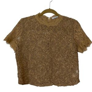 ZARA sz Large Crop Blouse Tone On Tone Short Sleeves Lace Exposed Zip Tan